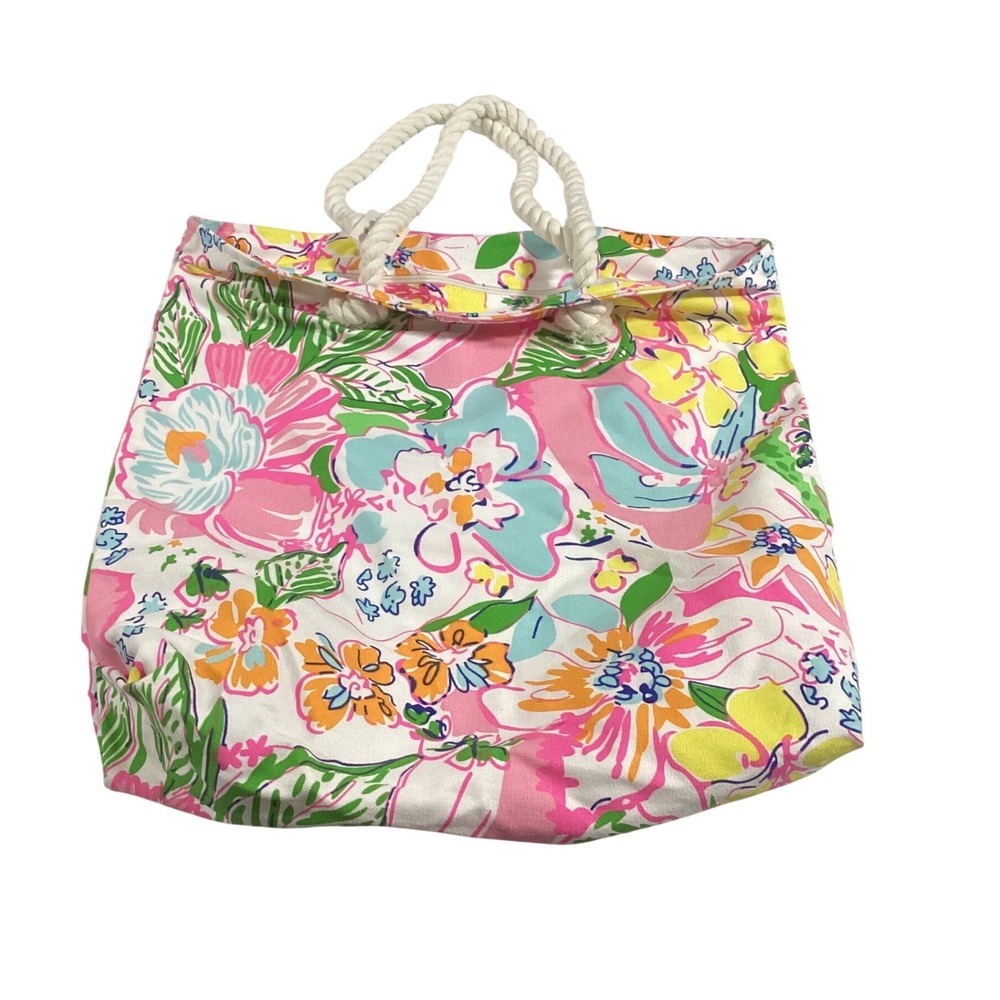 Floral Canvas Tote Bag‎ Pink Blue Tropical Beach Rope Handle